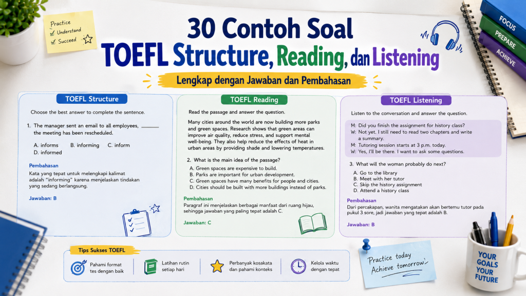Contoh Soal TOEFL Structure, Reading, dan Listening