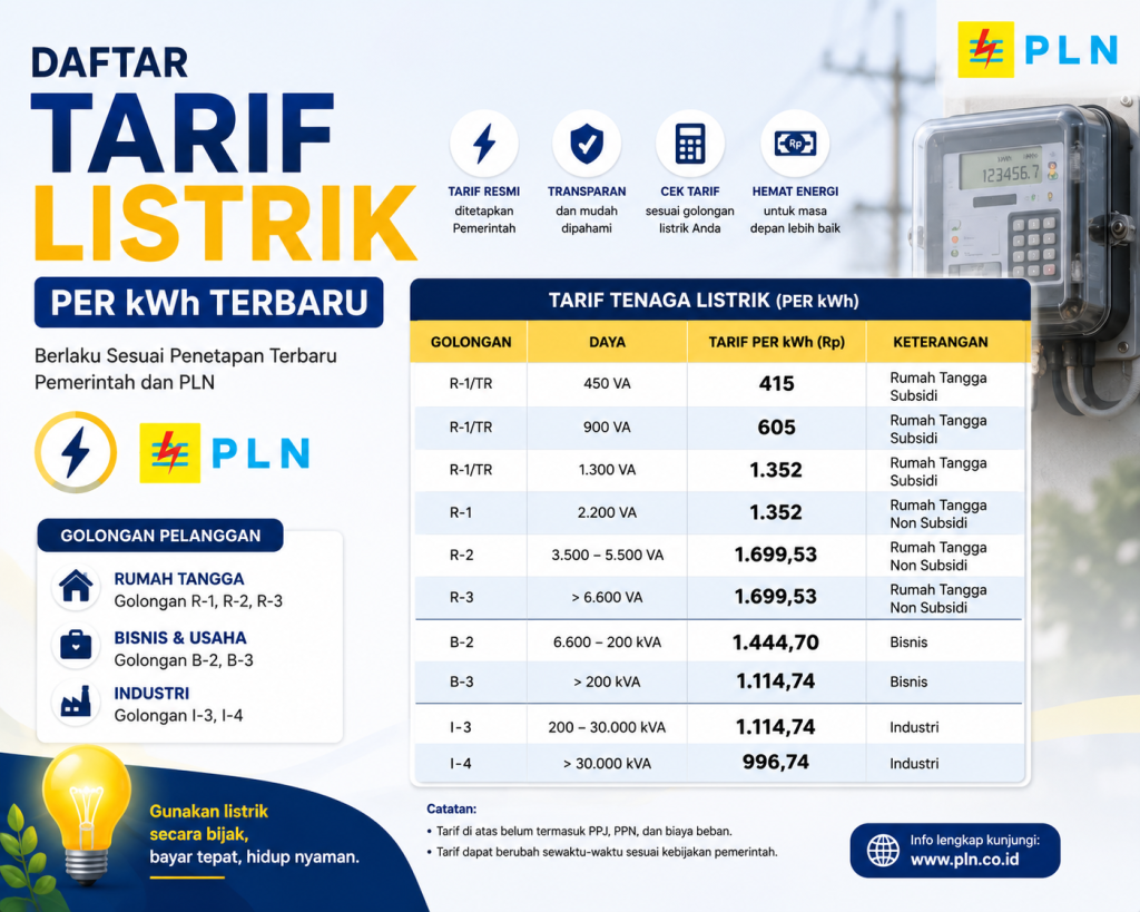 Daftar Tarif Listrik Per kWh watt subsidi & non subsidi terbaru 2026