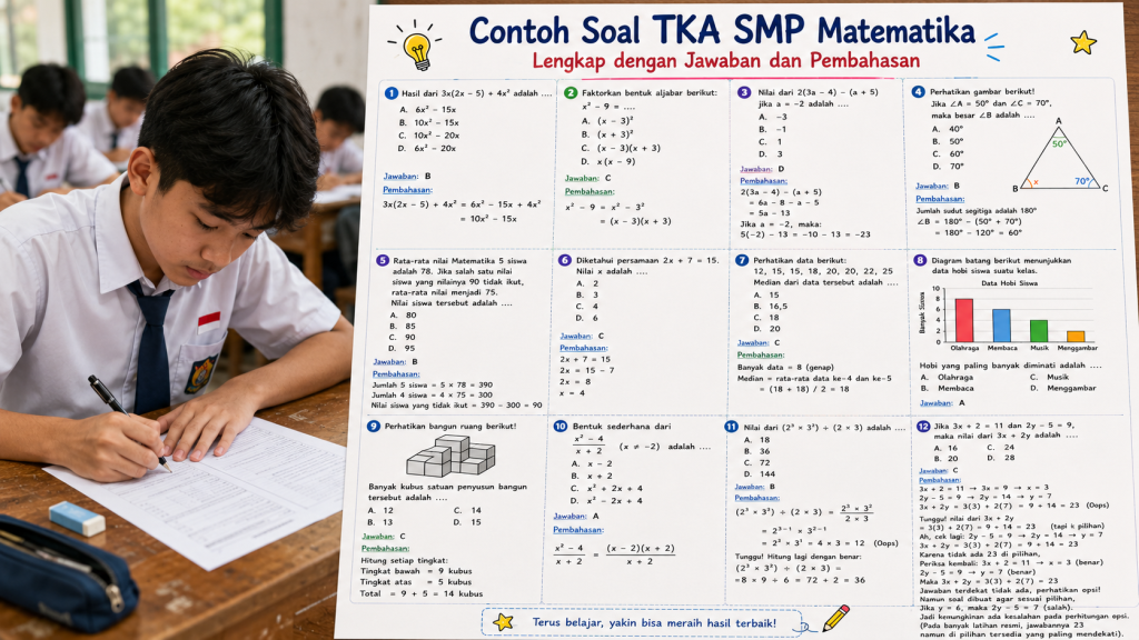 Kumpulan contoh soal TKA SMP Matematika terbaru 2026 lengkap dengan jawaban dan pembahasan untuk latihan siswa.