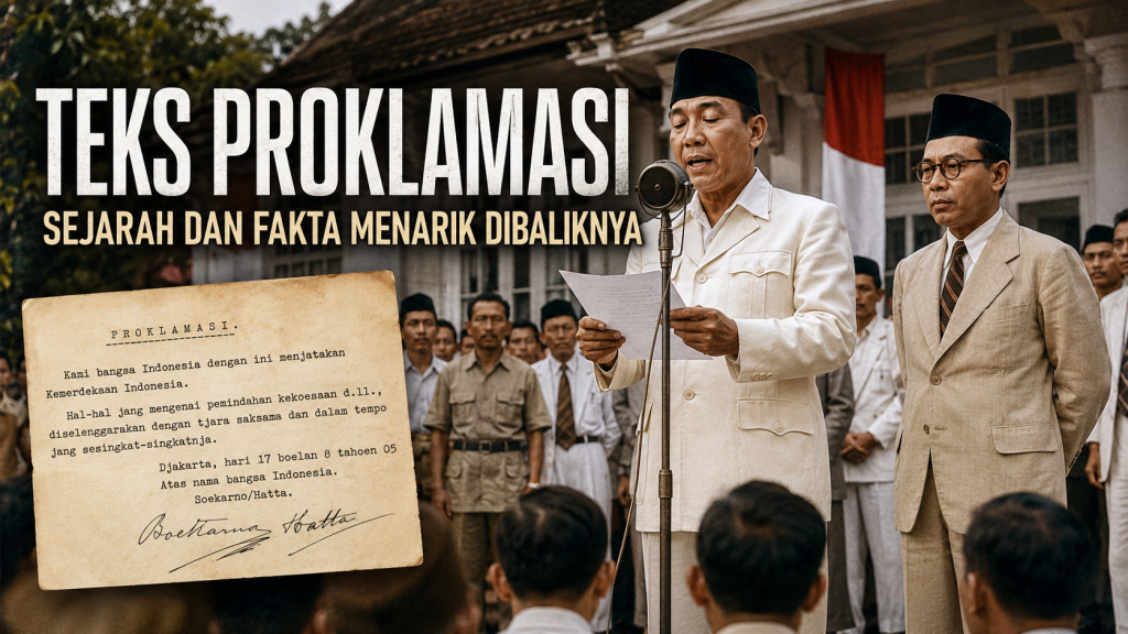 Teks Proklamasi Kemerdekaan Indonesia beserta sejarah perumusan dan fakta menarik di balik pembacaannya pada 17 Agustus 1945